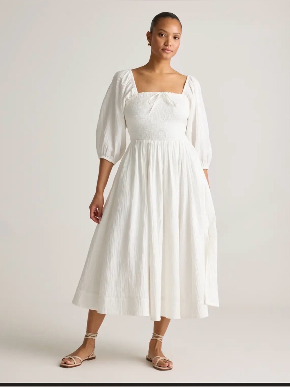 NWT Quince 100% Organic Cotton Gauze Smocked Square Neck Midi Dress S